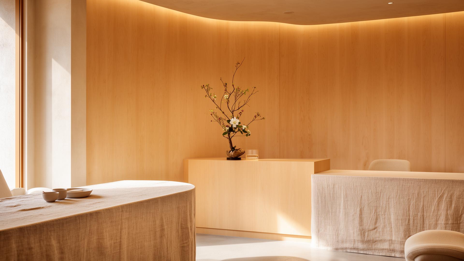 Lumière Nail Studio interior — warm oak walls and natural light